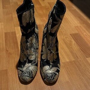 Steve Madden Black and Gold Floral Boots